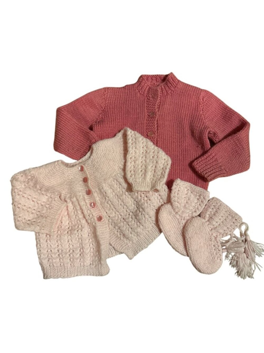 2 Baby Cardigan Sweaters Light Dark Pink Knit With Pair Booties Handmade 3-6 mth